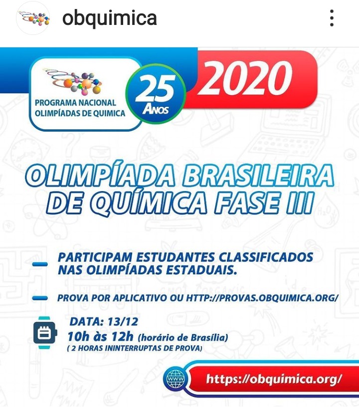 Convocação Alunos do Tocantins para a Olimpíada Brasileira de Química 2020