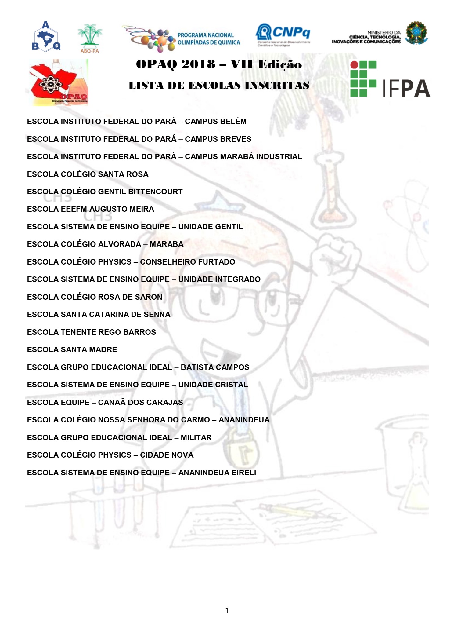 Lista de Escolas Inscritas na OPAQ 2018